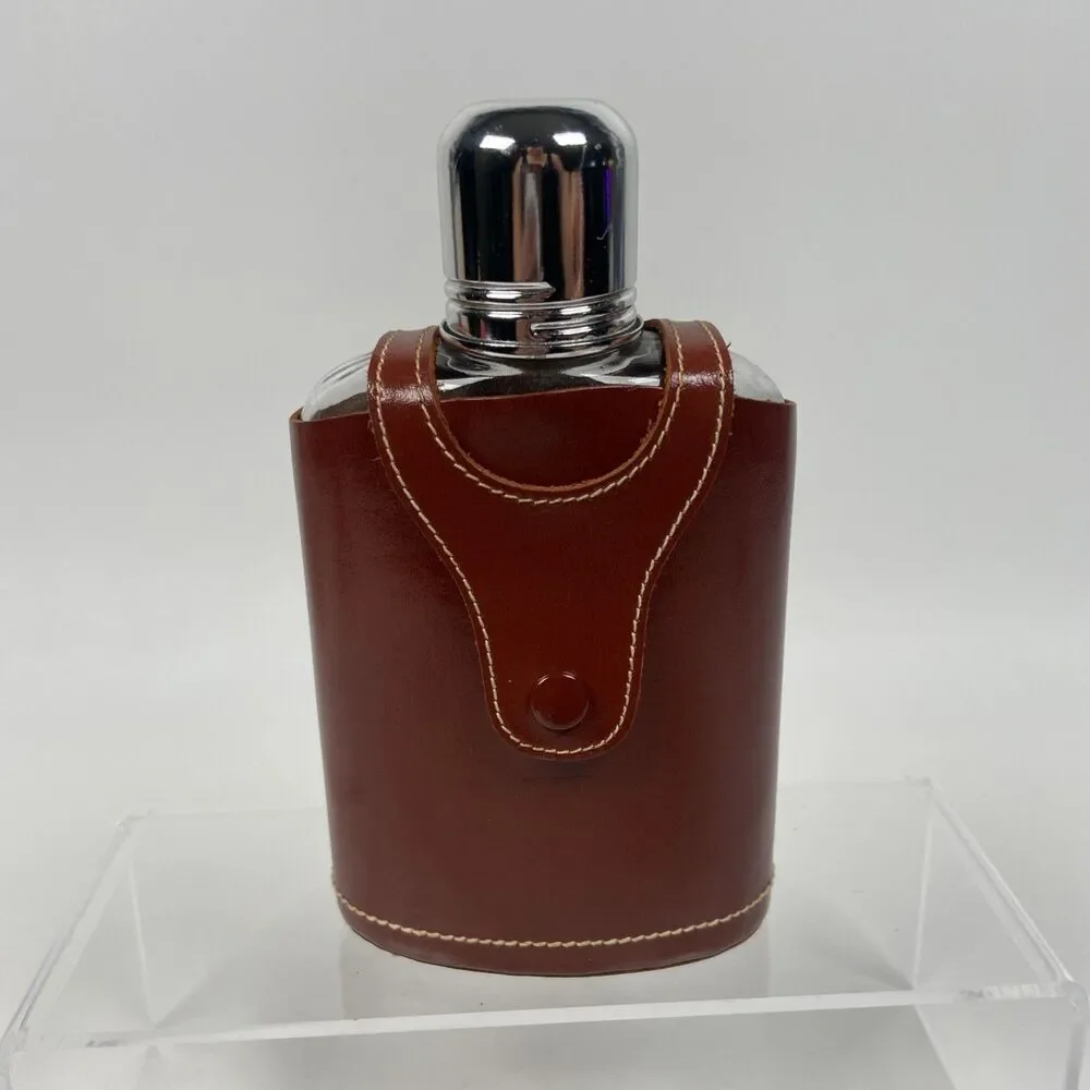 Vintage Glass Hip Flask With Leather Case And Silver Tone Hardware